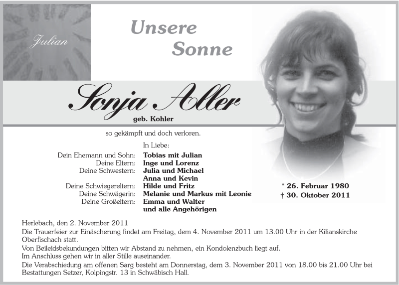  Traueranzeige für Sonja Aller vom 02.11.2011 aus Schwäbische Post