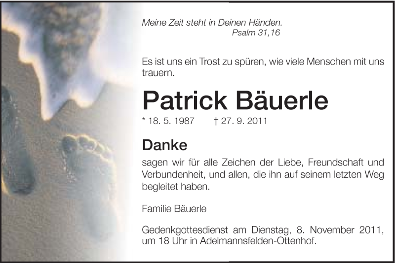  Traueranzeige für Patrick Bäuerle vom 05.11.2011 aus Schwäbische Post