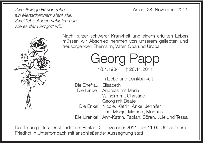  Traueranzeige für Papp Georg vom 30.11.2011 aus Schwäbische Post