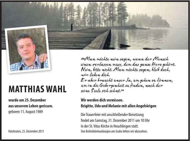  Traueranzeige für Matthias Wahl vom 29.12.2011 aus Gmünder Tagespost