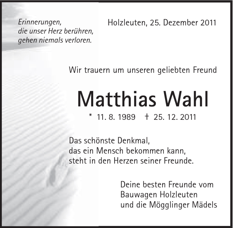  Traueranzeige für Matthias Wahl vom 30.12.2011 aus Gmünder Tagespost