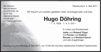 Traueranzeige von Hugo Döhring von Schwäbische Post