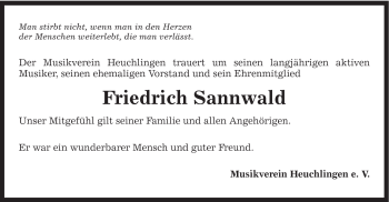 Traueranzeige von Friedrich Sannwald von Gmünder Tagespost