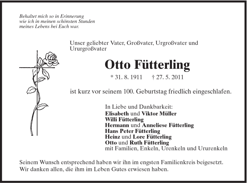  Traueranzeige für Otto Fütterling vom 07.06.2011 aus Gmünder Tagespost
