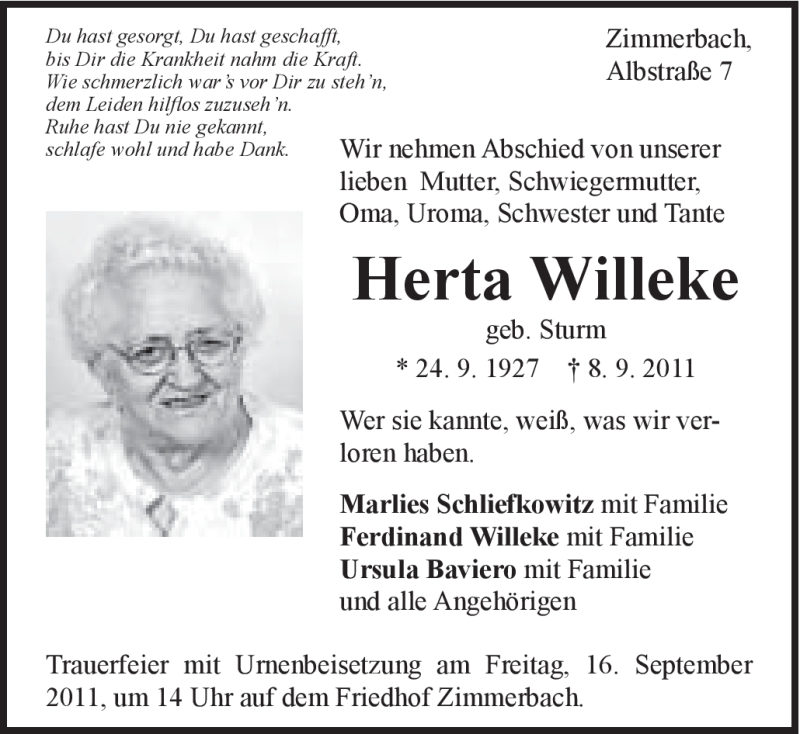  Traueranzeige für Willeke Herta vom 13.09.2011 aus Gmünder Tagespost