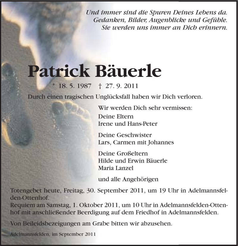  Traueranzeige für Patrick Bäuerle vom 30.09.2011 aus Schwäbische Post