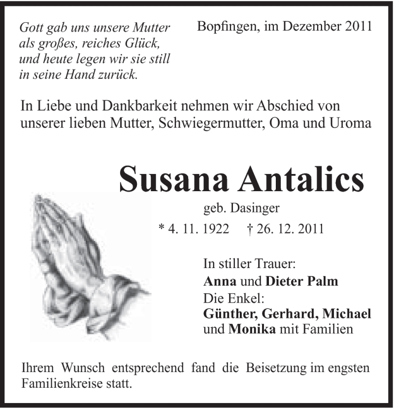  Traueranzeige für Susana Antalics vom 02.01.2012 aus Schwäbische Post