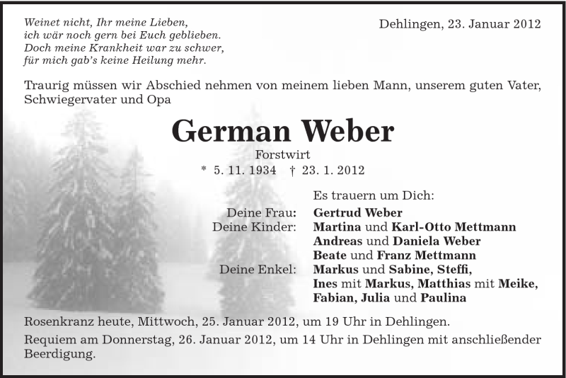  Traueranzeige für German Weber vom 25.01.2012 aus Schwäbische Post