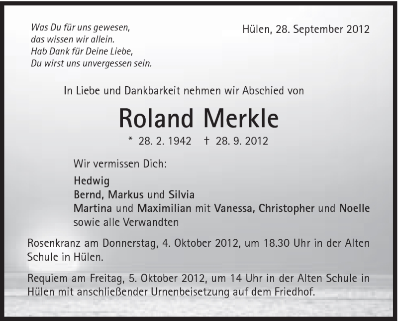  Traueranzeige für Roland Merkle vom 04.10.2012 aus Schwäbische Post