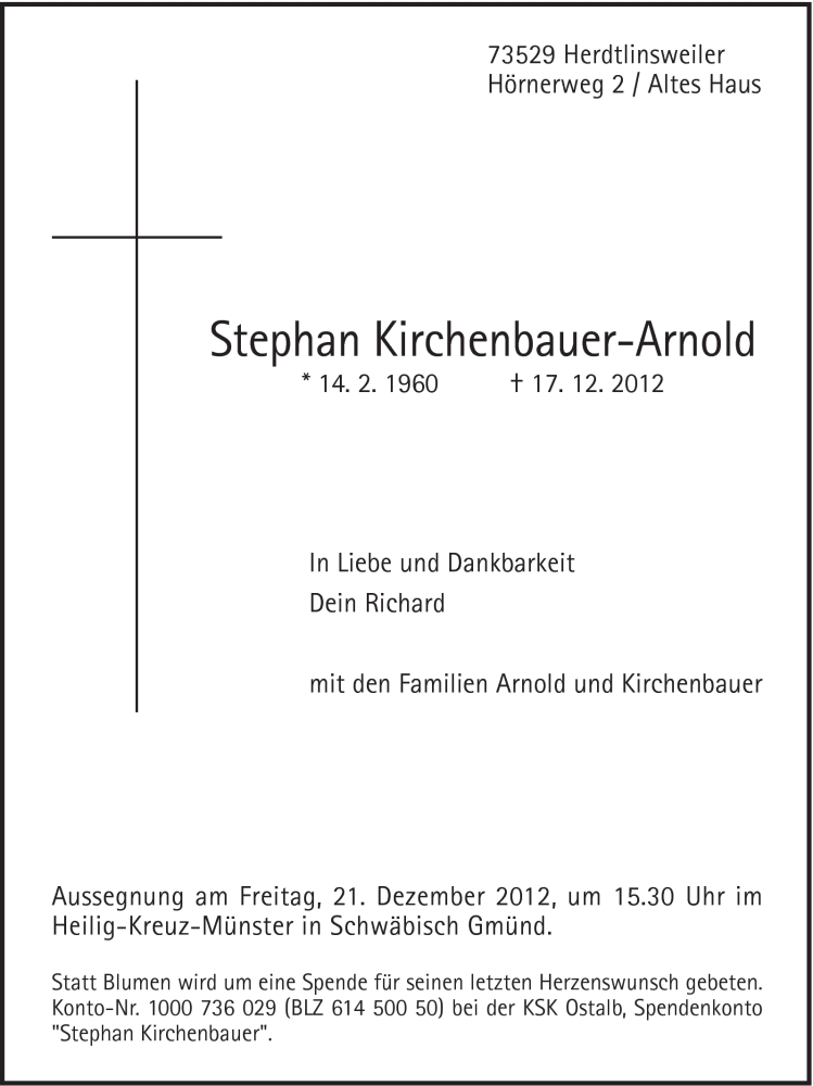  Traueranzeige für Stephan Kirchenbauer-Arnold vom 19.12.2012 aus Gmünder Tagespost
