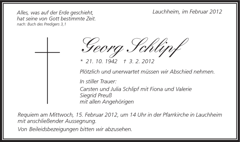  Traueranzeige für Georg Schlipf vom 11.02.2012 aus Schwäbische Post