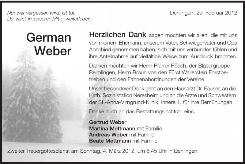  Traueranzeige für German Weber vom 29.02.2012 aus Schwäbische Post
