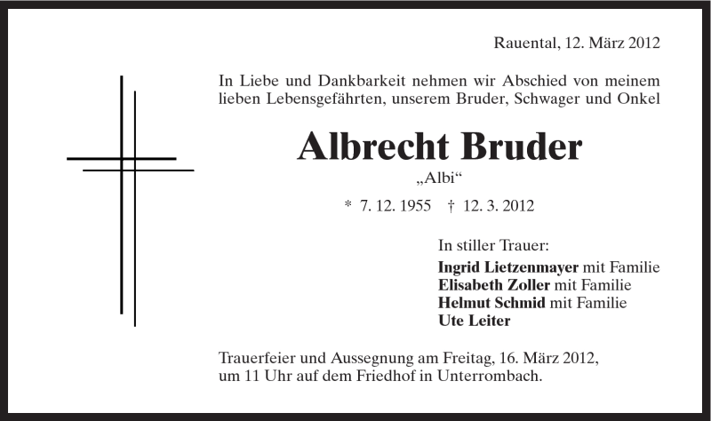  Traueranzeige für Albrecht Bruder vom 14.03.2012 aus Schwäbische Post