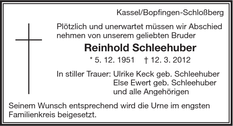 Traueranzeige für Reinhold Schleehuber vom 23.03.2012 aus 082