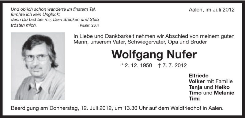  Traueranzeige für Wolfgang Nufer vom 10.07.2012 aus Schwäbische Post
