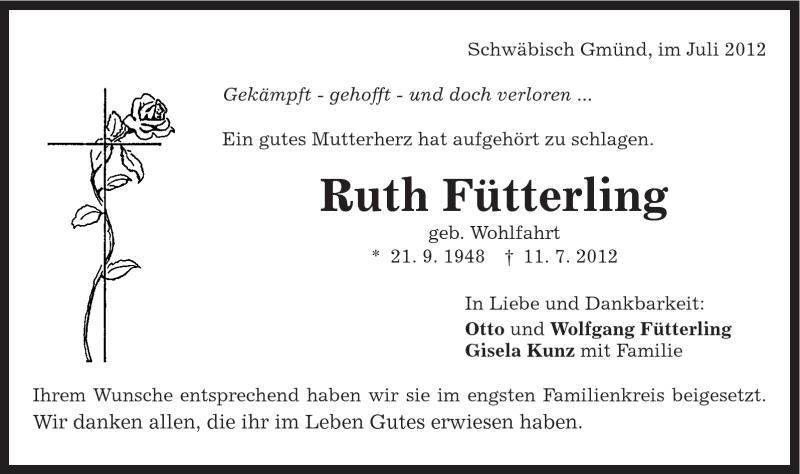  Traueranzeige für Ruth Fütterling vom 20.07.2012 aus Gmünder Tagespost