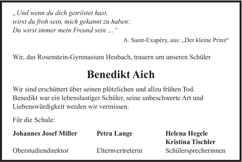  Traueranzeige für Benedikt Aich vom 12.09.2012 aus Gmünder Tagespost