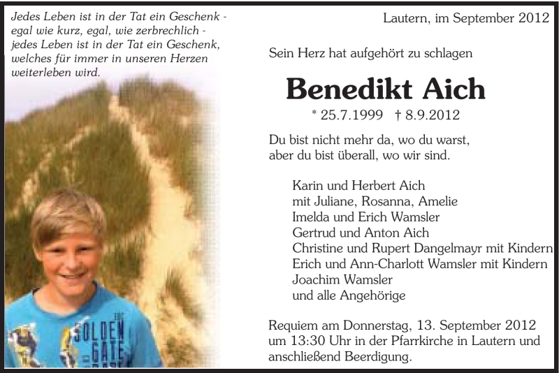  Traueranzeige für Benedikt Aich vom 12.09.2012 aus Gmünder Tagespost