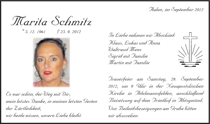  Traueranzeige für Marita Schmitz vom 26.09.2012 aus Schwäbische Post
