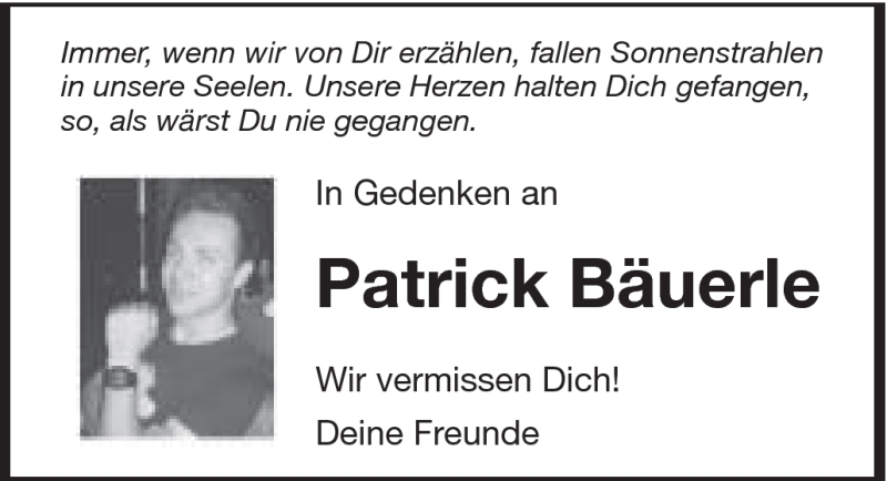  Traueranzeige für Patrick Bäuerle vom 27.09.2012 aus Schwäbische Post