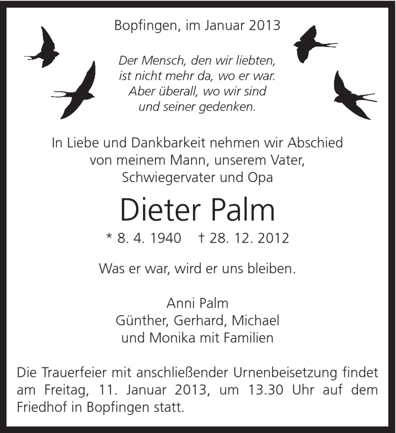  Traueranzeige für Dieter Palm vom 08.01.2013 aus Schwäbische Post