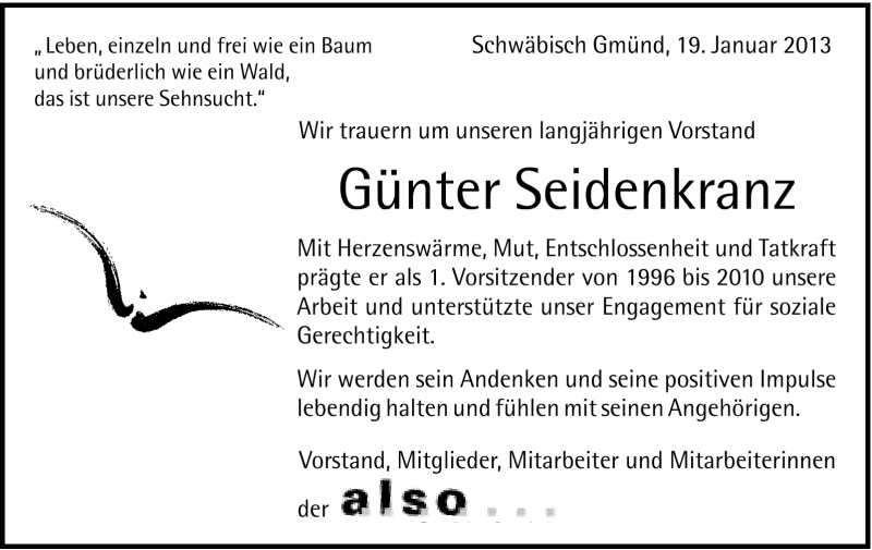  Traueranzeige für Günter Seidenkranz vom 22.01.2013 aus Gmünder Tagespost