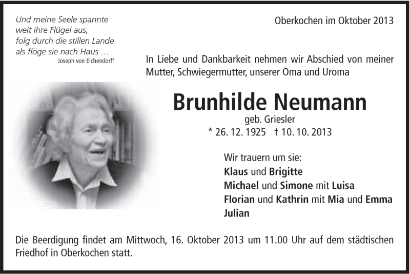  Traueranzeige für Brunhilde Neumann vom 14.10.2013 aus Schwäbische Post