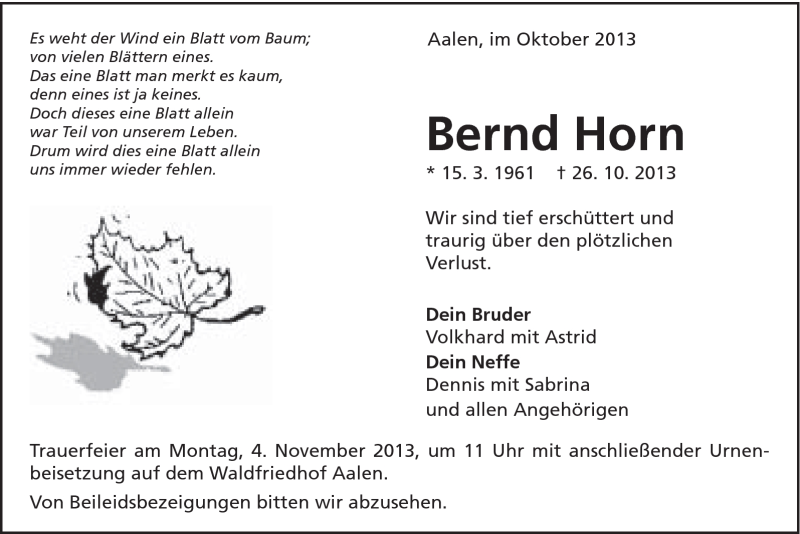  Traueranzeige für Bernd Horn vom 30.10.2013 aus Schwäbische Post