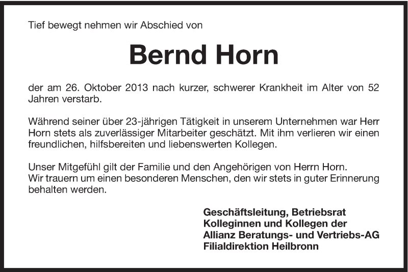  Traueranzeige für Bernd Horn vom 31.10.2013 aus Schwäbische Post