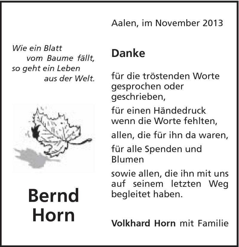  Traueranzeige für Bernd Horn vom 09.11.2013 aus Schwäbische Post