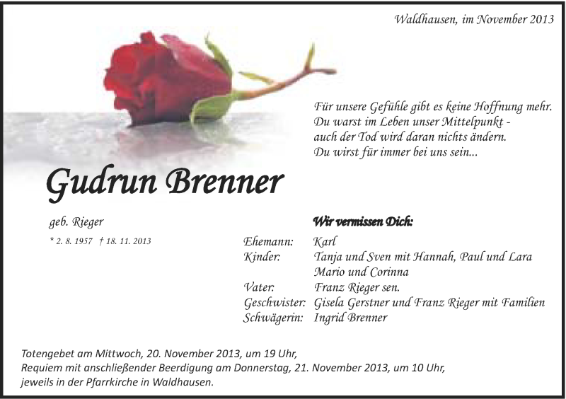 Traueranzeige für Gudrun Brenner vom 19.11.2013 aus Schwäbische Post