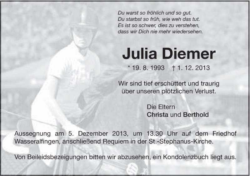  Traueranzeige für Julia Diemer vom 03.12.2013 aus Schwäbische Post
