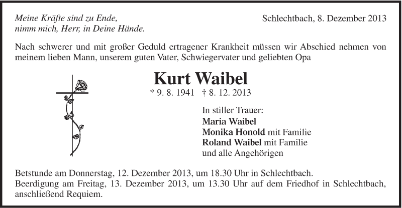  Traueranzeige für Kurt Waibel vom 11.12.2013 aus Gmünder Tagespost
