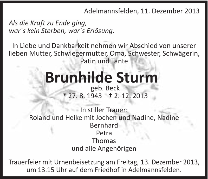  Traueranzeige für Brunhilde Sturm vom 11.12.2013 aus Schwäbische Post