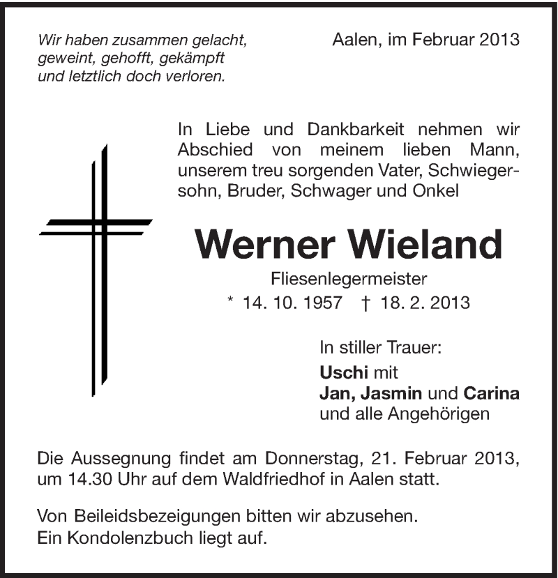  Traueranzeige für Werner Wieland vom 19.02.2013 aus Schwäbische Post
