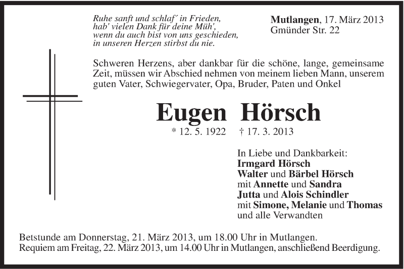  Traueranzeige für Eugen Hörsch vom 19.03.2013 aus Gmünder Tagespost