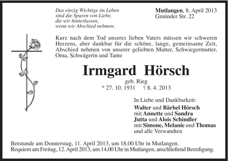  Traueranzeige für Irmgard Hörsch vom 10.04.2013 aus Gmünder Tagespost