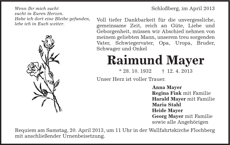  Traueranzeige für Raimund Mayer vom 17.04.2013 aus Schwäbische Post