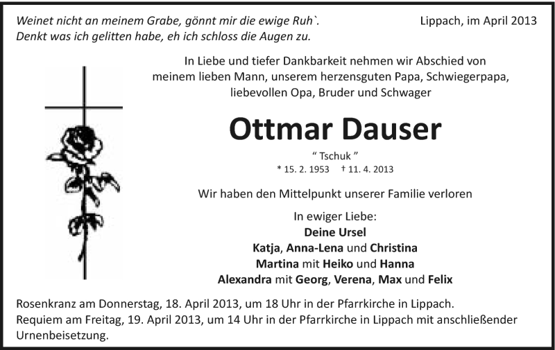  Traueranzeige für Ottmar Dauser vom 16.04.2013 aus Schwäbische Post