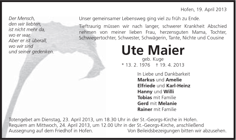  Traueranzeige für Ute Maier vom 22.04.2013 aus Schwäbische Post