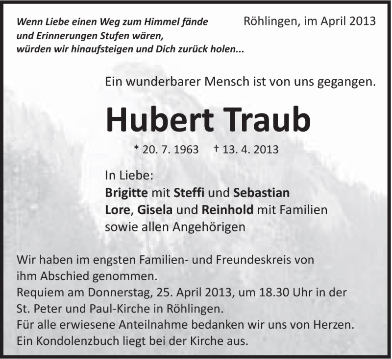  Traueranzeige für Hubert Traub vom 22.04.2013 aus Schwäbische Post