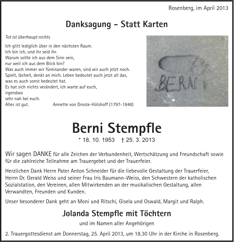  Traueranzeige für Bernhard Stempfle vom 23.04.2013 aus Schwäbische Post