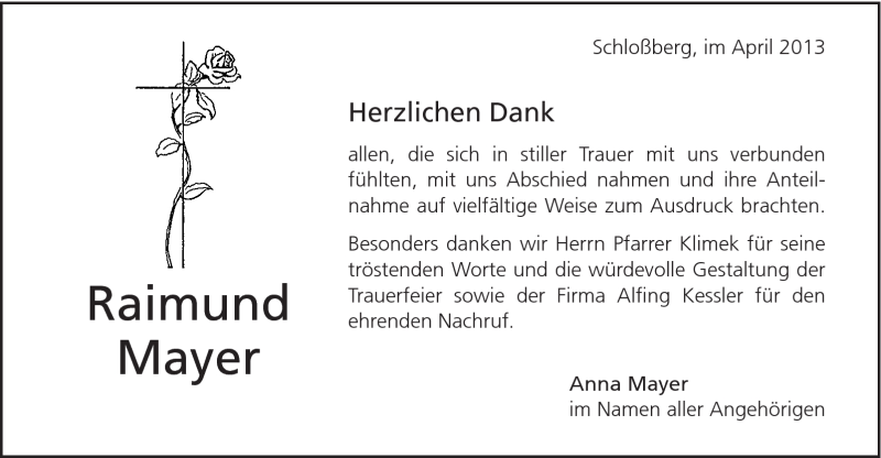  Traueranzeige für Raimund Mayer vom 26.04.2013 aus Schwäbische Post