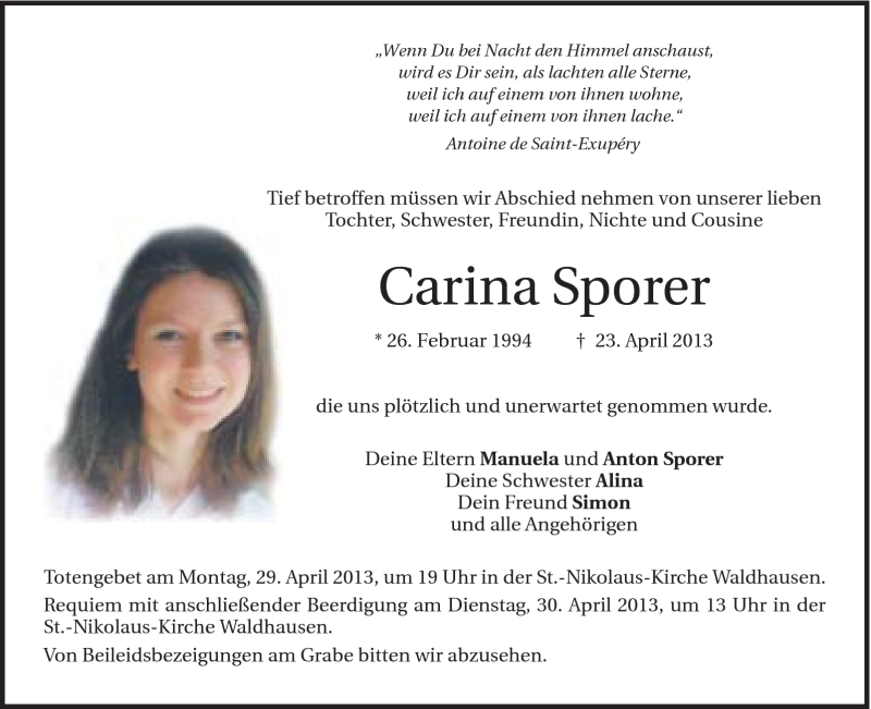  Traueranzeige für Carina Sporer vom 27.04.2013 aus Schwäbische Post