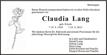 Traueranzeige von Claudia Lang von Gmünder Tagespost