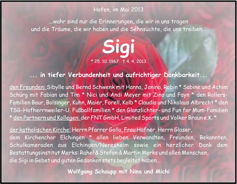  Traueranzeige für Sigi Schaupp vom 04.05.2013 aus Schwäbische Post