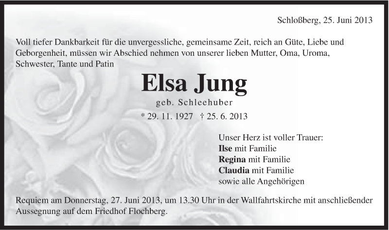  Traueranzeige für Elsa Jung vom 26.06.2013 aus Schwäbische Post