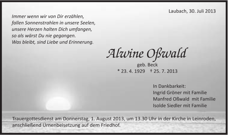  Traueranzeige für Alwine Oßwald vom 30.07.2013 aus Schwäbische Post