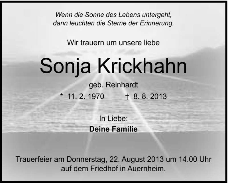  Traueranzeige für Sonja Krickhahn vom 20.08.2013 aus Schwäbische Post