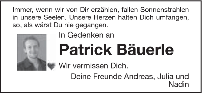 Traueranzeige für Patrick Bäuerle vom 27.09.2013 aus Schwäbische Post
